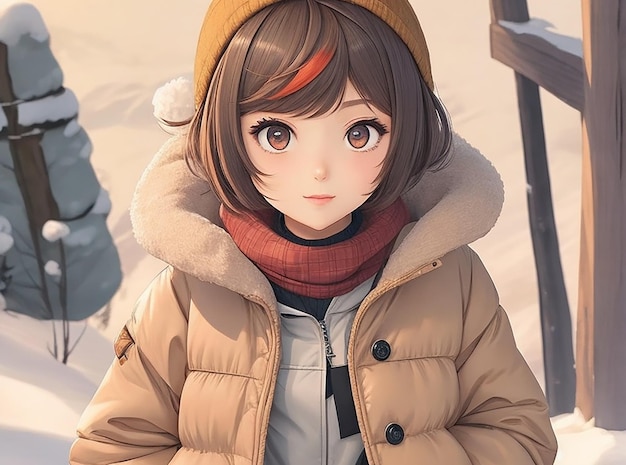 Een animemeisje met kort haar dat een cartoon van winterkleren draagt