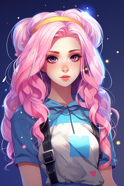 een animemeisje met roze haar en blauwe ogen