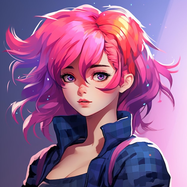 een animemeisje met roze haar en paarse ogen