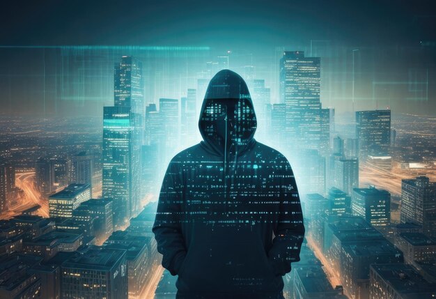 Foto een anonieme hacker met een hoodie is afgebeeld in een foto met dubbele belichting die's nachts in de da