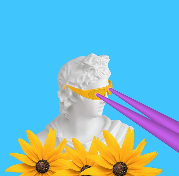 Een antiek beeld met bloemen gele glazen en stralen van de ogen Collage van hedendaagse kunst Minimalisme