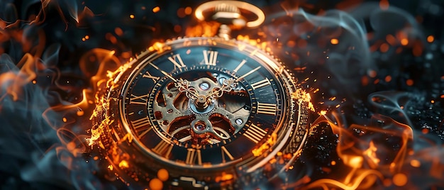 een antiek zak horloge verwoest in vlammen met het vuur dynamisch rond het draait en kolen f