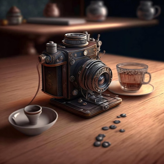 Een antieke camera met een lens geplaatst op een tafel weergegeven in fotorealistische details Generative Ai