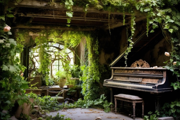 Een antieke piano onder een pergola waar wijnranken overheen kruipen