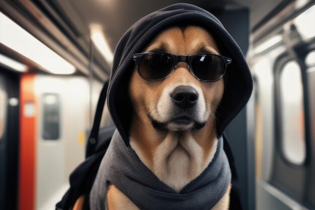 Foto een antropomorfe hond die de metro gebruikt