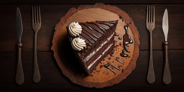 Een apicaal perspectief van een gebakken chocoladetaart op een houten plank, compleet met een vork