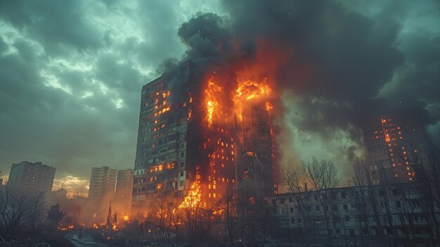 Een appartementencomplex met meerdere verdiepingen stond in brand met zwarte rook.