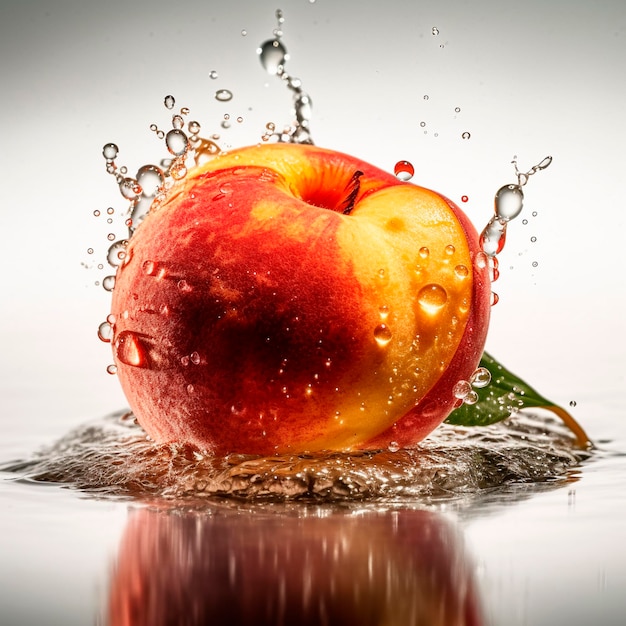 Een appel ligt in het water met een blad dat besproeid is met water.