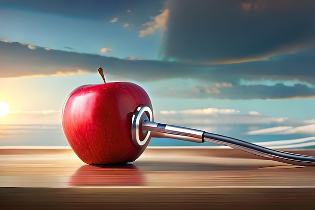 Een appel met een metalen lepel op een houten tafel met een bewolkte lucht op de achtergrond.