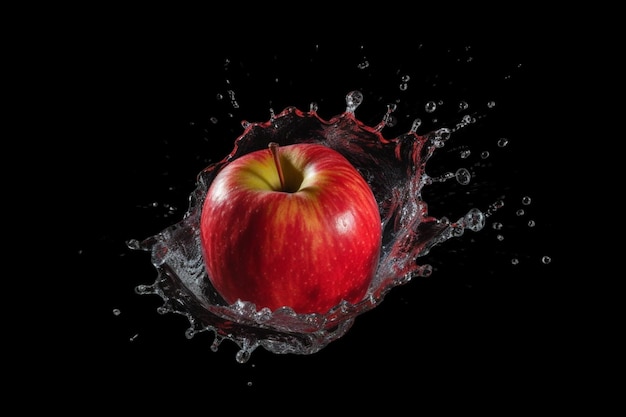 Een appel zit in een scheutje water met een zwarte achtergrond.