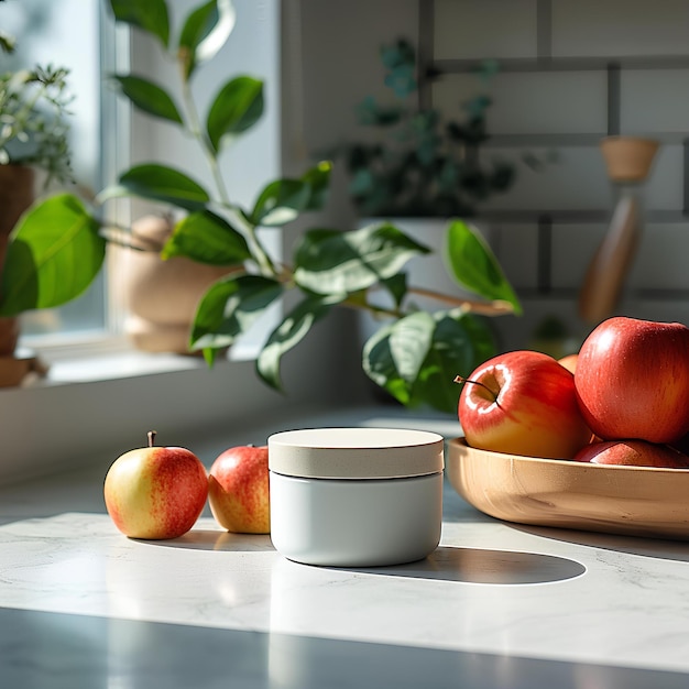 Een appelpot op een witte toonbank naast een paar appels naast een raam