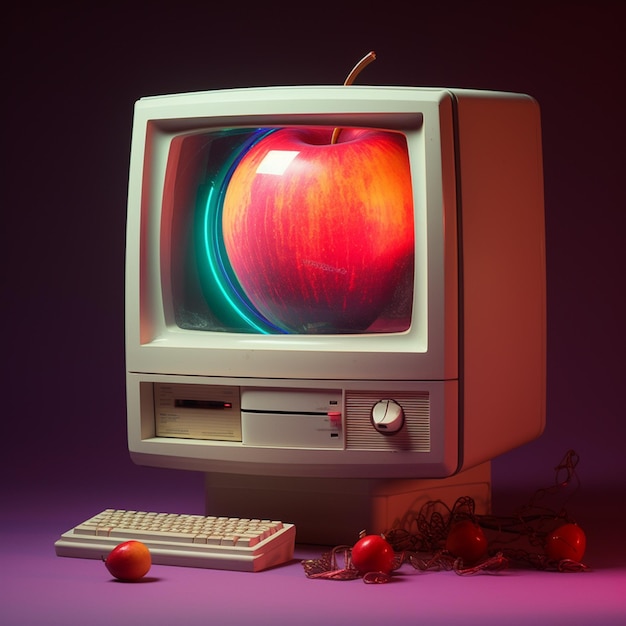 Een Apple-computer met een rode appel op het scherm.