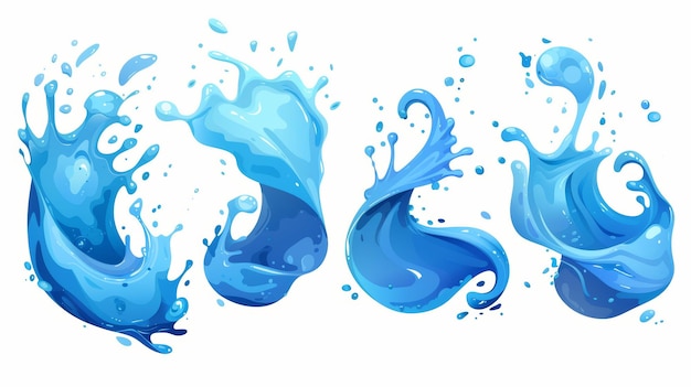 Een aqua splash golf en stroom Schone witte en blauwe druppels waterdruppels en blauwe vloeibare blobs in beweging Een verfrissend koud vloeibaar element Vlakke moderne illustratie geïsoleerd op wit