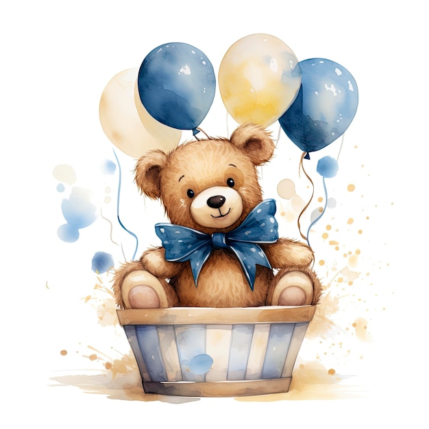 Een aquarel baby teddybeer zit in de mand met blauwe en gouden ballonnen