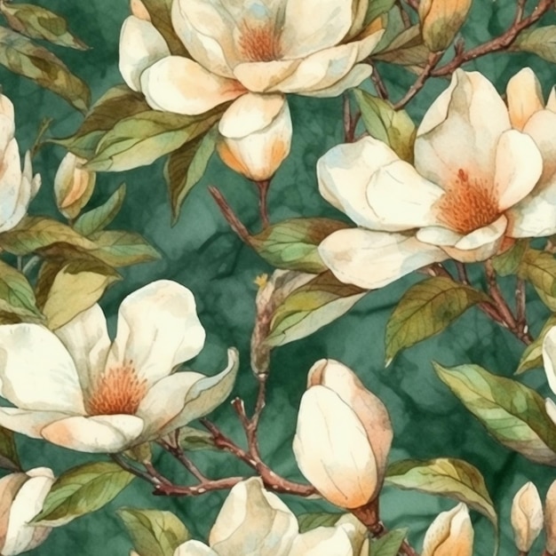 Een aquarel bloemmotief met magnolia bloemen.