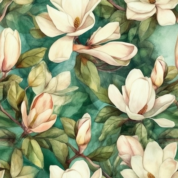 Een aquarel bloemmotief met magnolia bloemen.