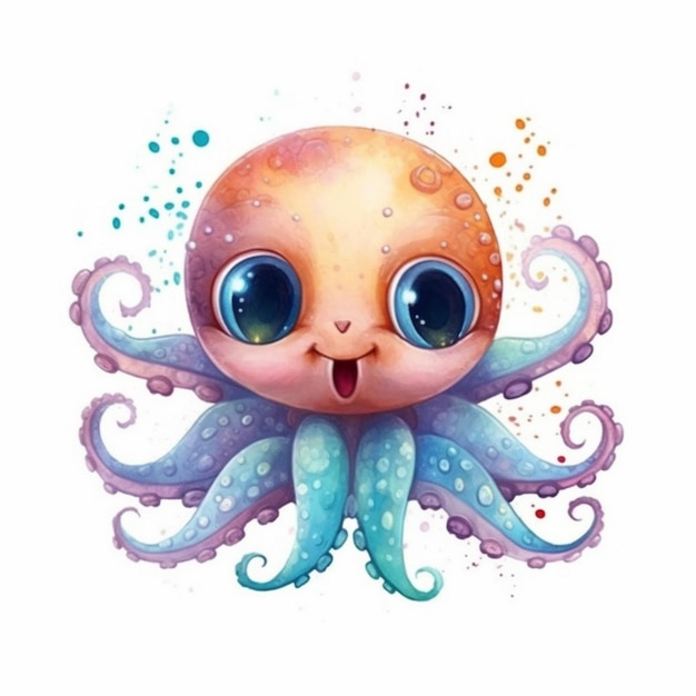 Foto een aquarel illustratie van een schattige octopus met blauwe ogen.