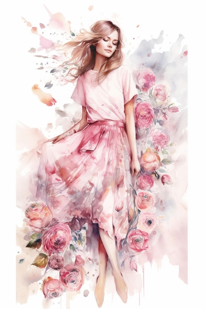 Een aquarel illustratie van een vrouw in een roze jurk en een boeket rozen.