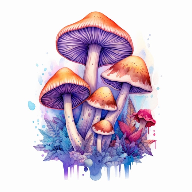 Een aquarel illustratie van paddenstoelen met een paarse bloem.