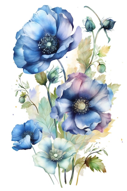 Een aquarel schilderij van anemonen met blauwe bloemen.