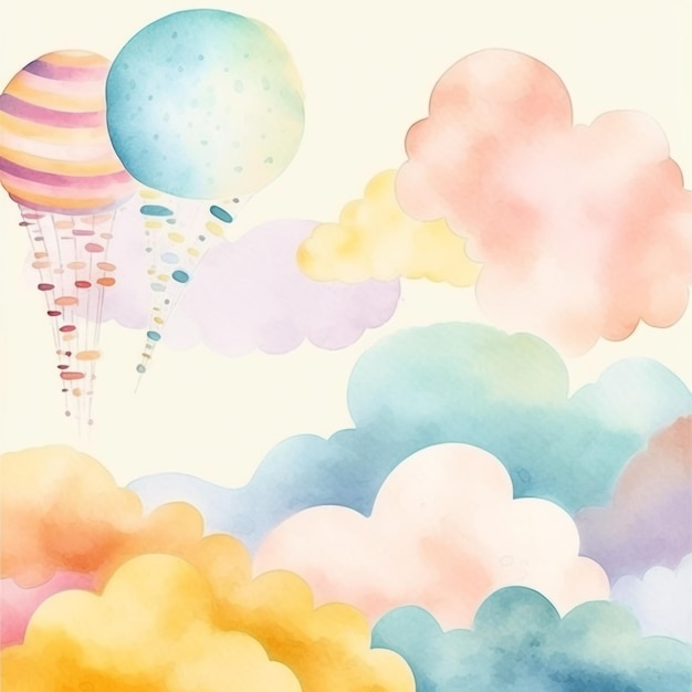 Een aquarel schilderij van ballonnen en wolken met de woorden "ballon" in het midden.