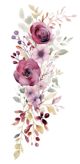 Een aquarel schilderij van bloemen en bladeren.