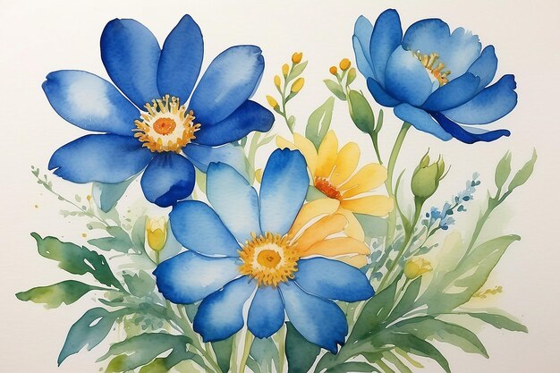 Een aquarel schilderij van bloemen met een blauwe ring erop