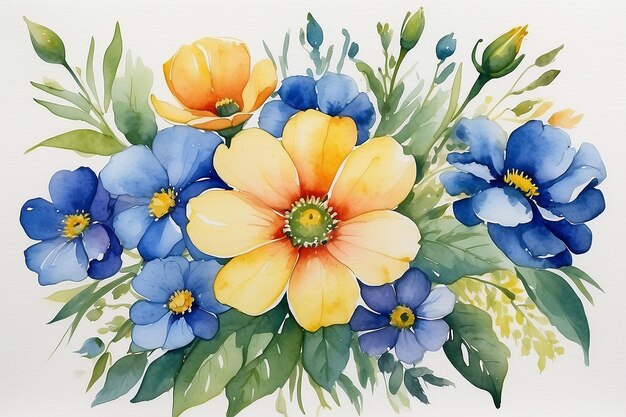 Een aquarel schilderij van bloemen met een blauwe ring erop