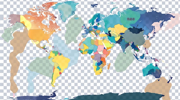 Een aquarel schilderij van de wereldkaart De landen zijn in verschillende kleuren geschilderd en de grenzen zijn in het zwart omschreven