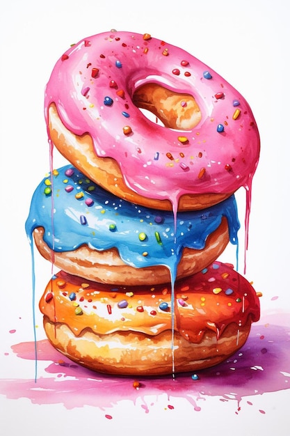 Een aquarel schilderij van donuts met een roze berijpte donut.