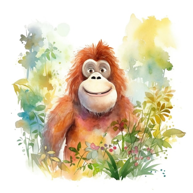 Een aquarel schilderij van een aap in de jungle