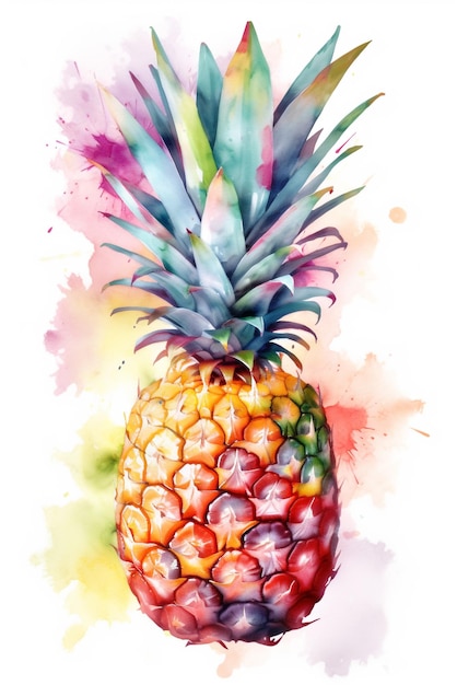 Een aquarel schilderij van een ananas met een groene kroon en rode bessen.