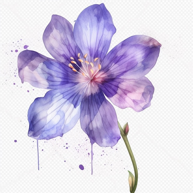 Een aquarel schilderij van een blauwe bloem met paarse bloemblaadjes.