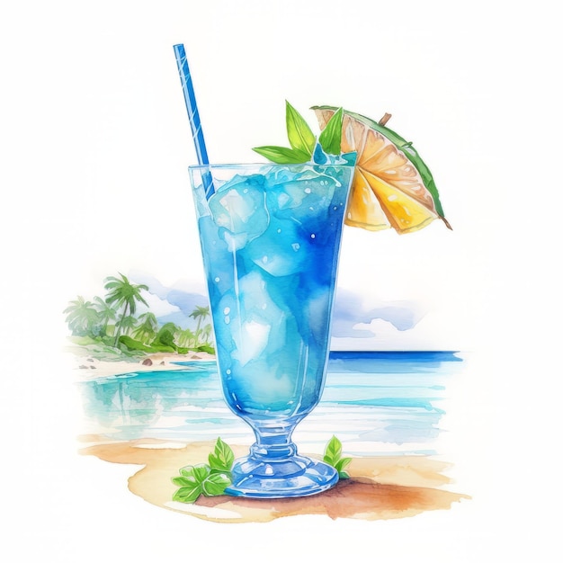 Een aquarel schilderij van een blauwe cocktail met een limoenpartje op de bodem.