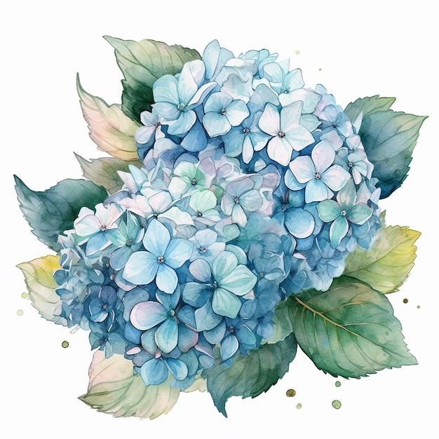 Een aquarel schilderij van een blauwe hortensia met groene bladeren.