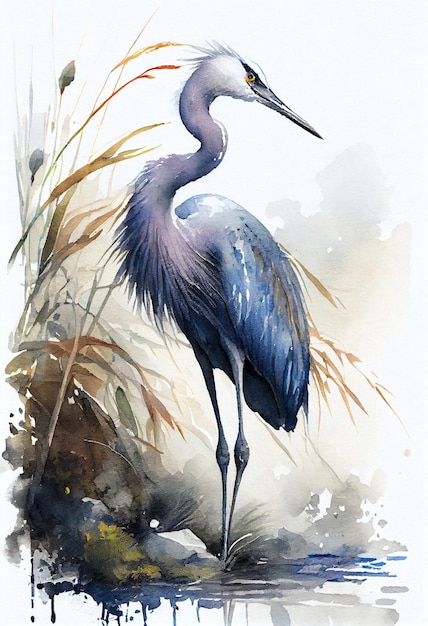 Een aquarel schilderij van een blauwe reiger