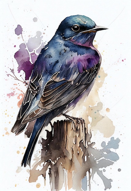 Een aquarel schilderij van een blauwe vogel met paarse veren.