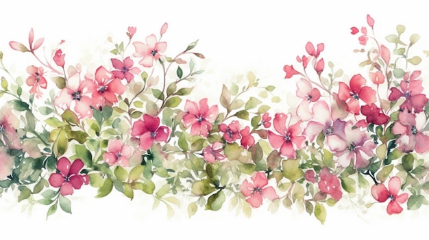 Een aquarel schilderij van een bloemenrand met roze bloemen.