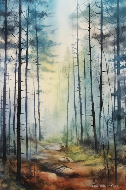 Een aquarel schilderij van een bospad met de zon die door de bomen schijnt.