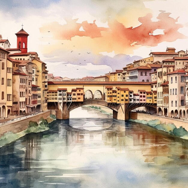 een aquarel schilderij van een brug en een rivier met een brug op de achtergrond.