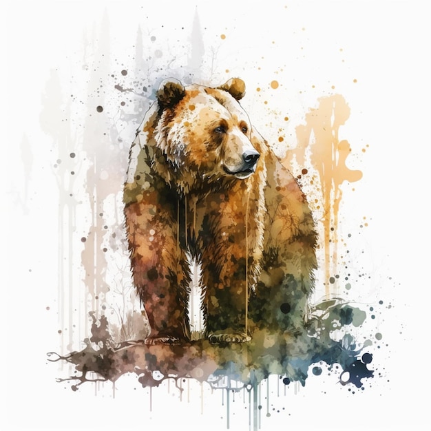 Een aquarel schilderij van een bruine beer met een ketting die om zijn nek hangt.