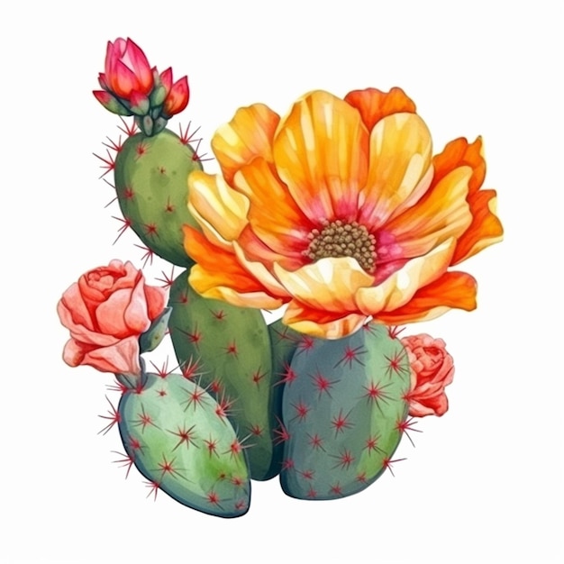 Een aquarel schilderij van een cactus met bloemen.