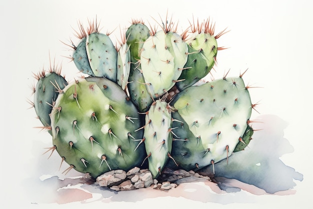 Een aquarel schilderij van een cactus met groene bladeren en kleine rotsen op de grond.