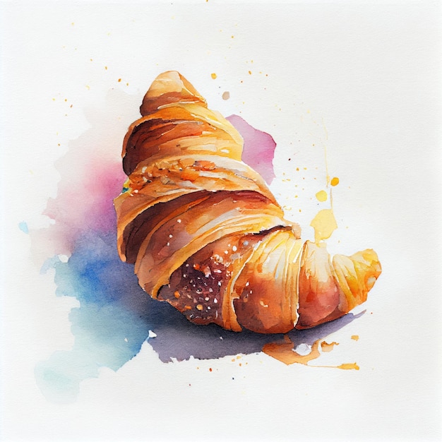 Een aquarel schilderij van een croissant met een blauwe achtergrond en gele hagelslag.