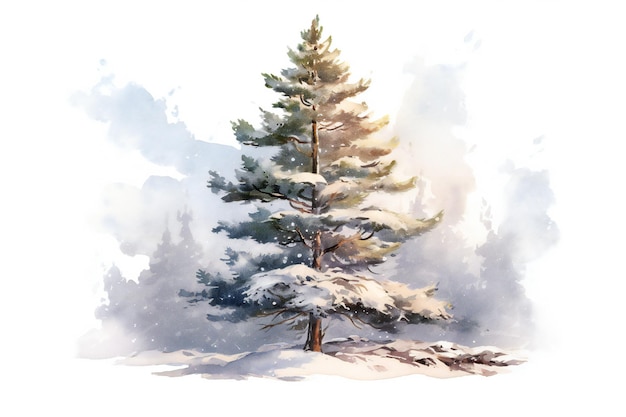 Een aquarel schilderij van een dennenboom met sneeuw op de grond