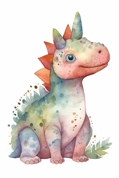 Een aquarel schilderij van een dinosaurus met een groene triceratops.