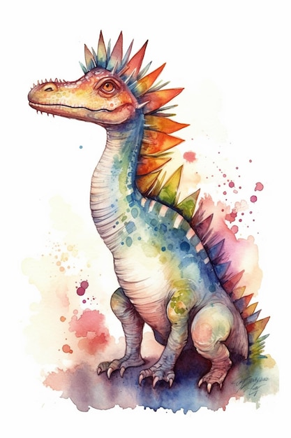 Een aquarel schilderij van een dinosaurus met een lange nek en een lange staart.