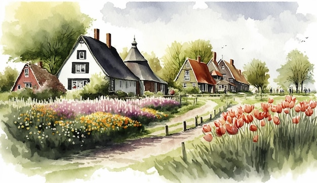 Een aquarel schilderij van een dorp met een rood tulpenveld.