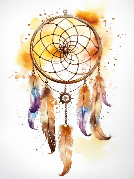 Een aquarel schilderij van een dromenvanger met veren en een gouden veer.
