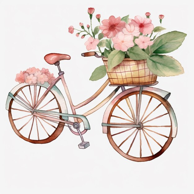 Een aquarel schilderij van een fiets met een mand vol bloemen.